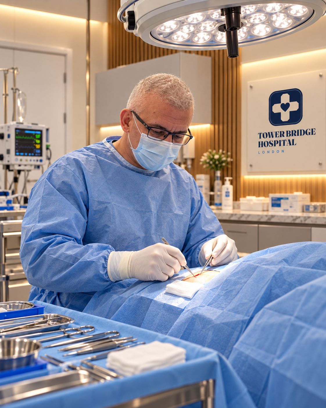 A surgeon at work in the minor surgery theatre at Tower Bridge Hospital