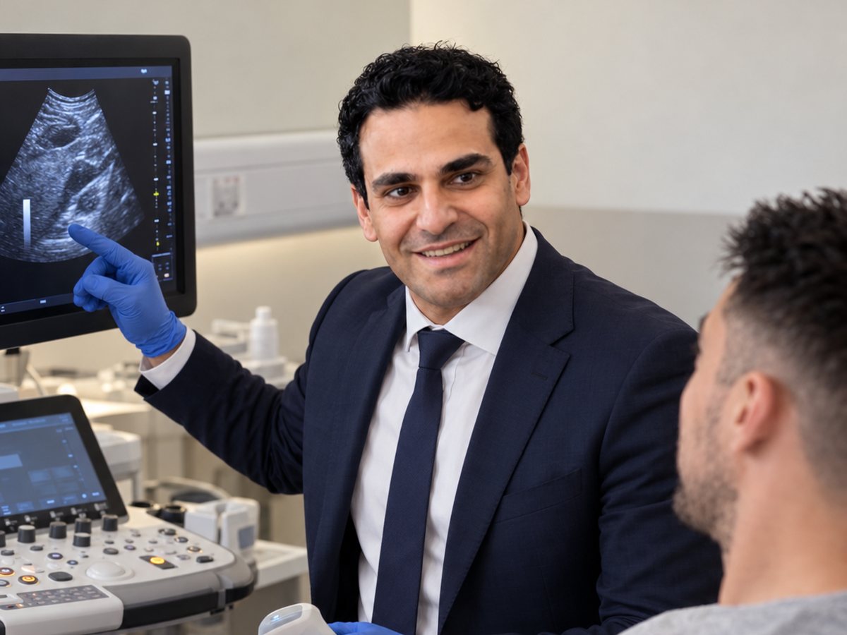 A clinician reviewing a patient's diagnostic imaging