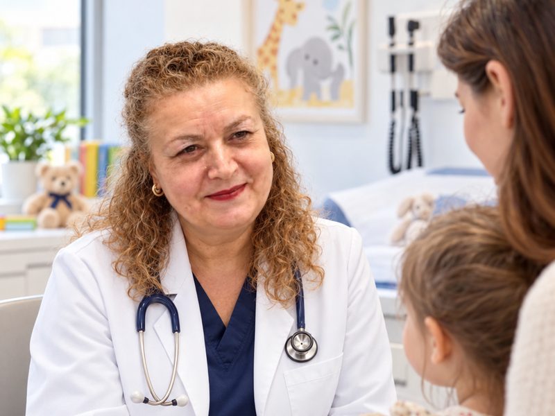Dr Radka Velitchkova, Consultant Paediatrician, with a child at Tower Bridge Hospital